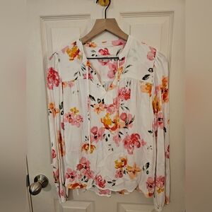 LOFT Floral Print Blouse with Pink and Red Accents